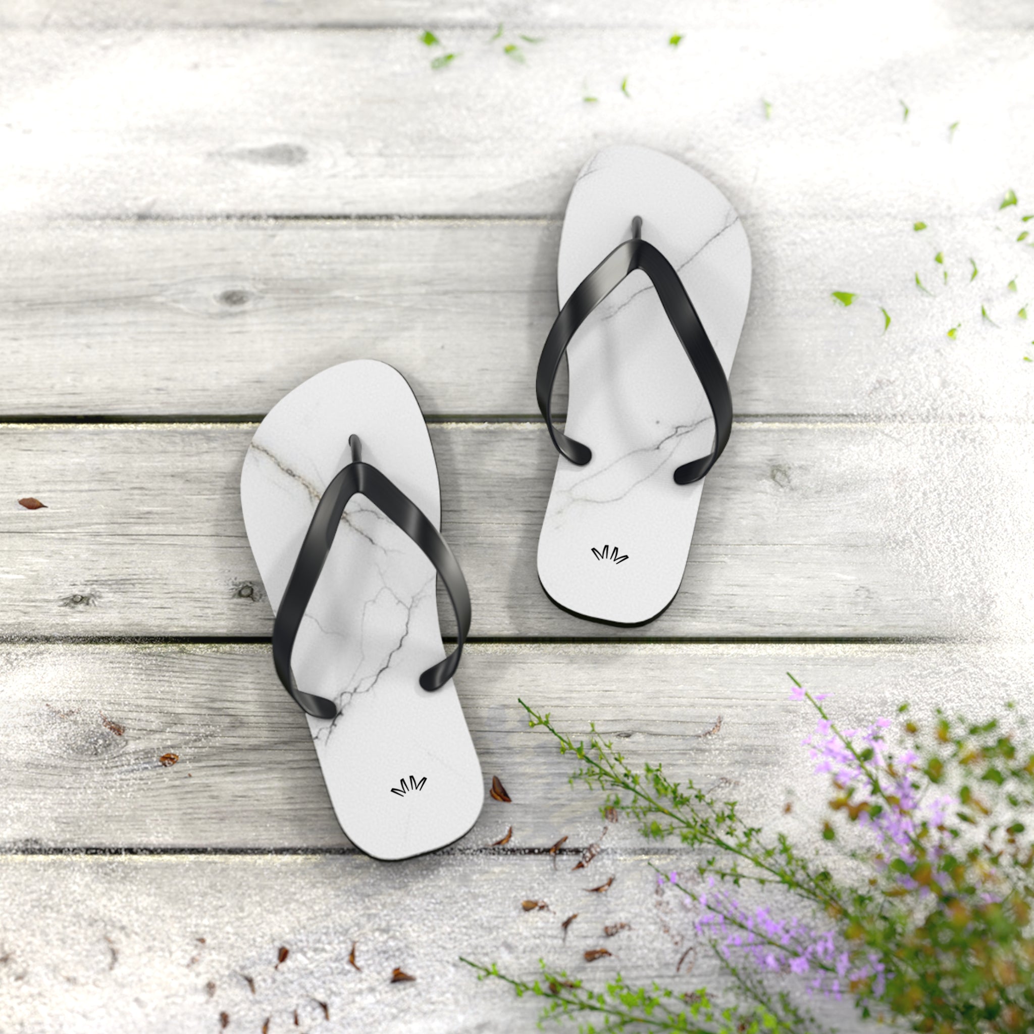 White Marble Flip Flops | Minimal Stone Pattern, Black Straps