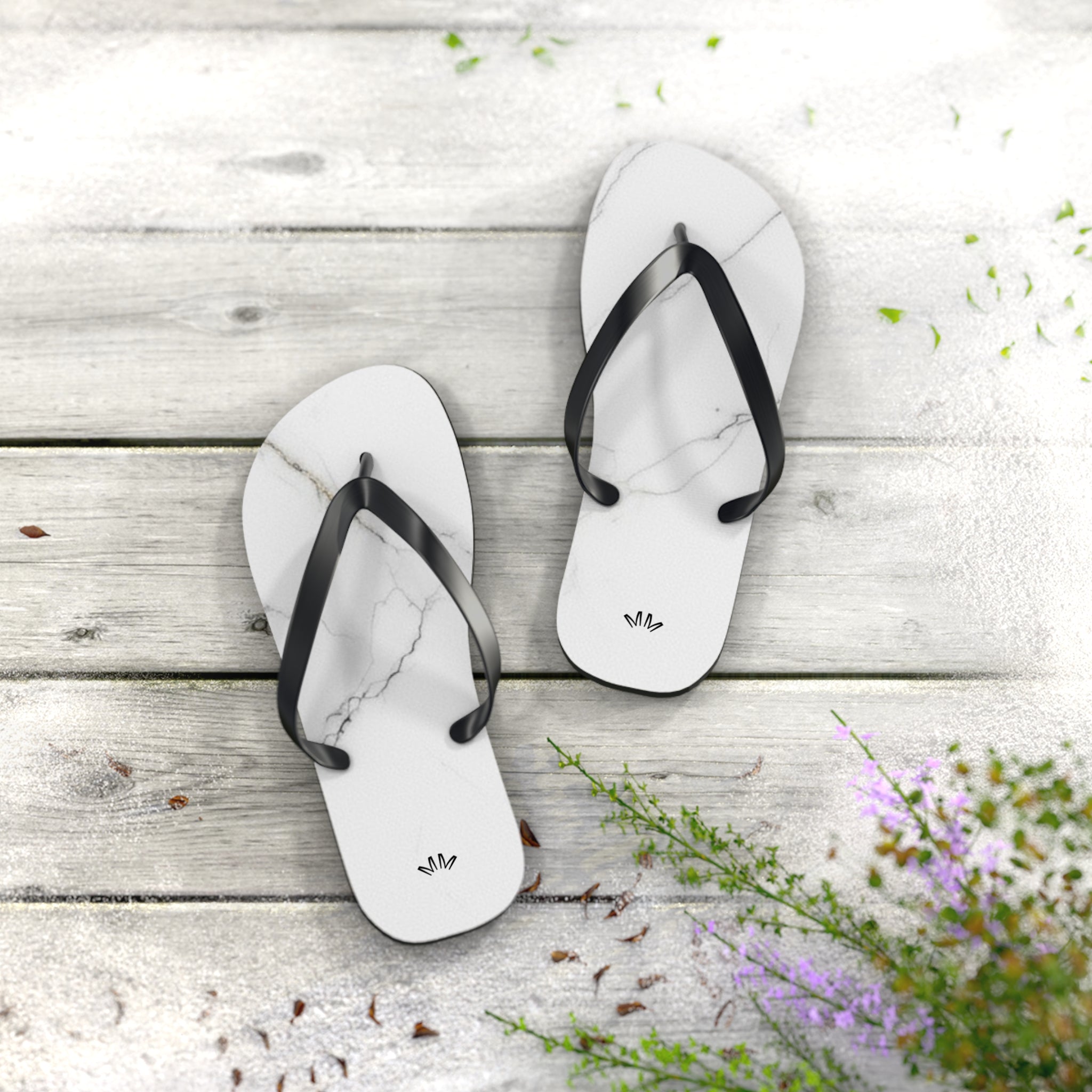 White Marble Flip Flops | Minimal Stone Pattern, Black Straps