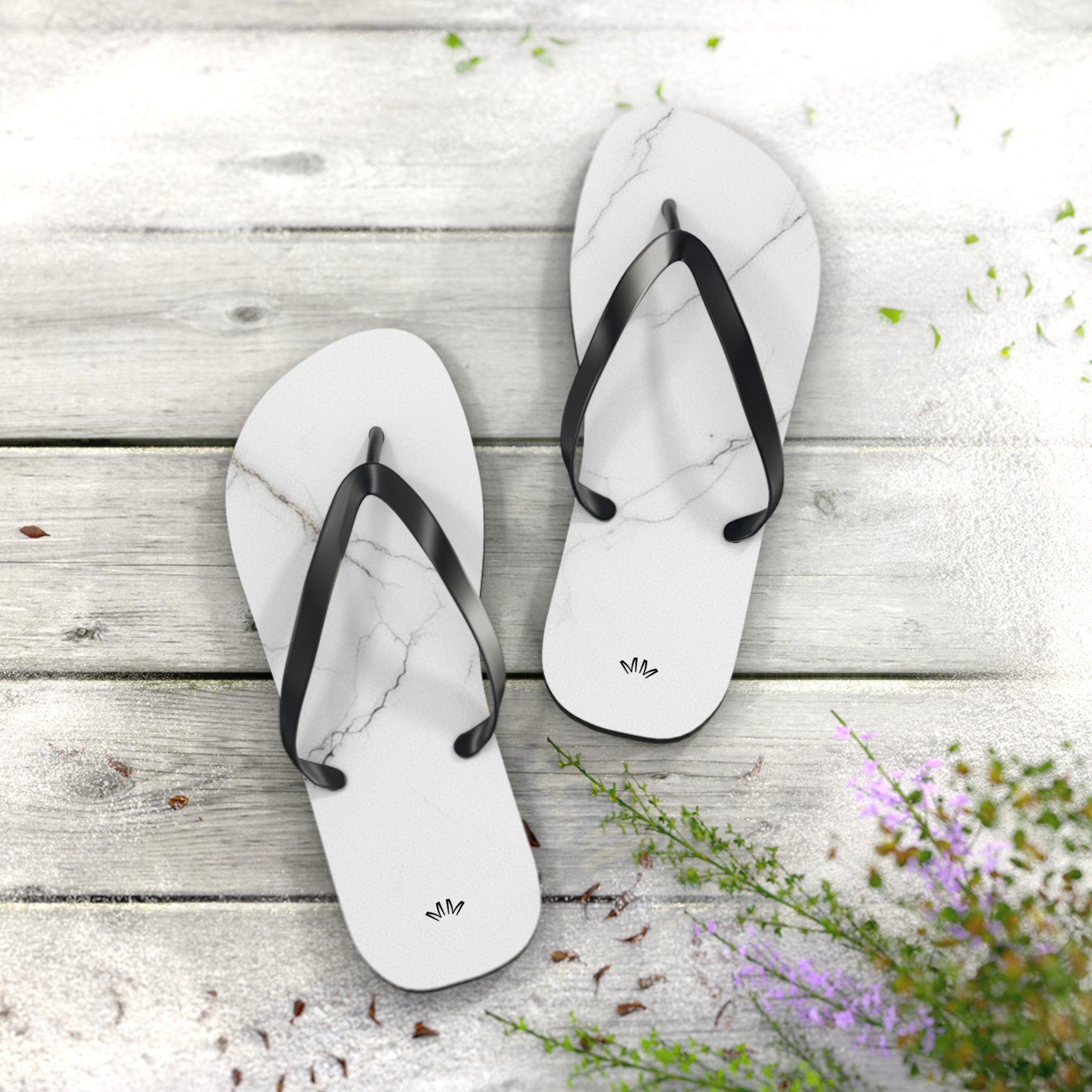 White Marble Flip Flops | Minimal Stone Pattern, Black Straps