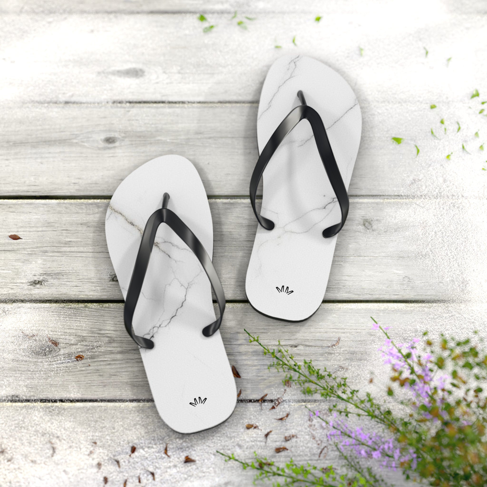 White Marble Flip Flops | Minimal Stone Pattern, Black Straps